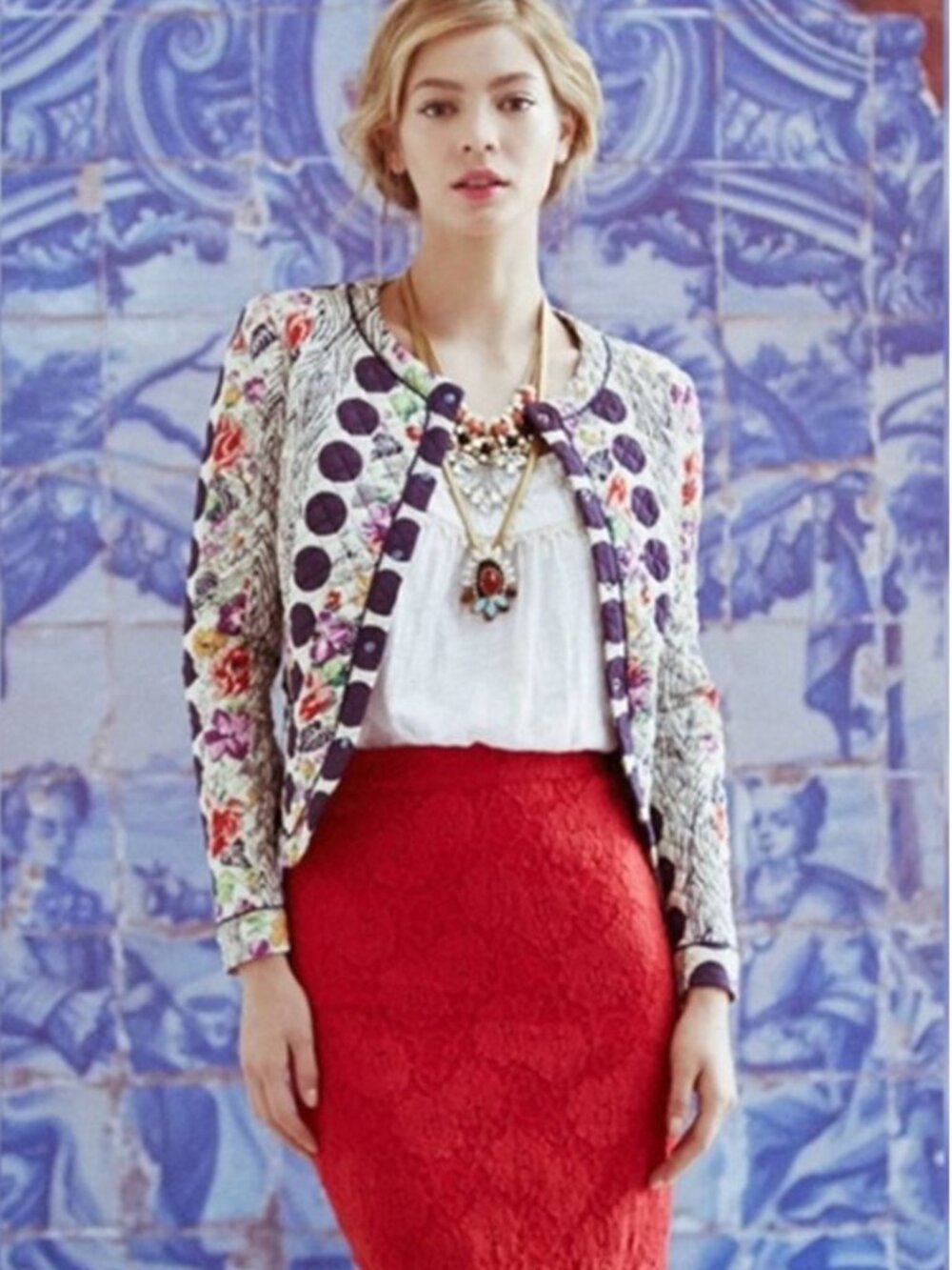 Maeve Anthropologie Red Floral Lace Pencil Skirt Small